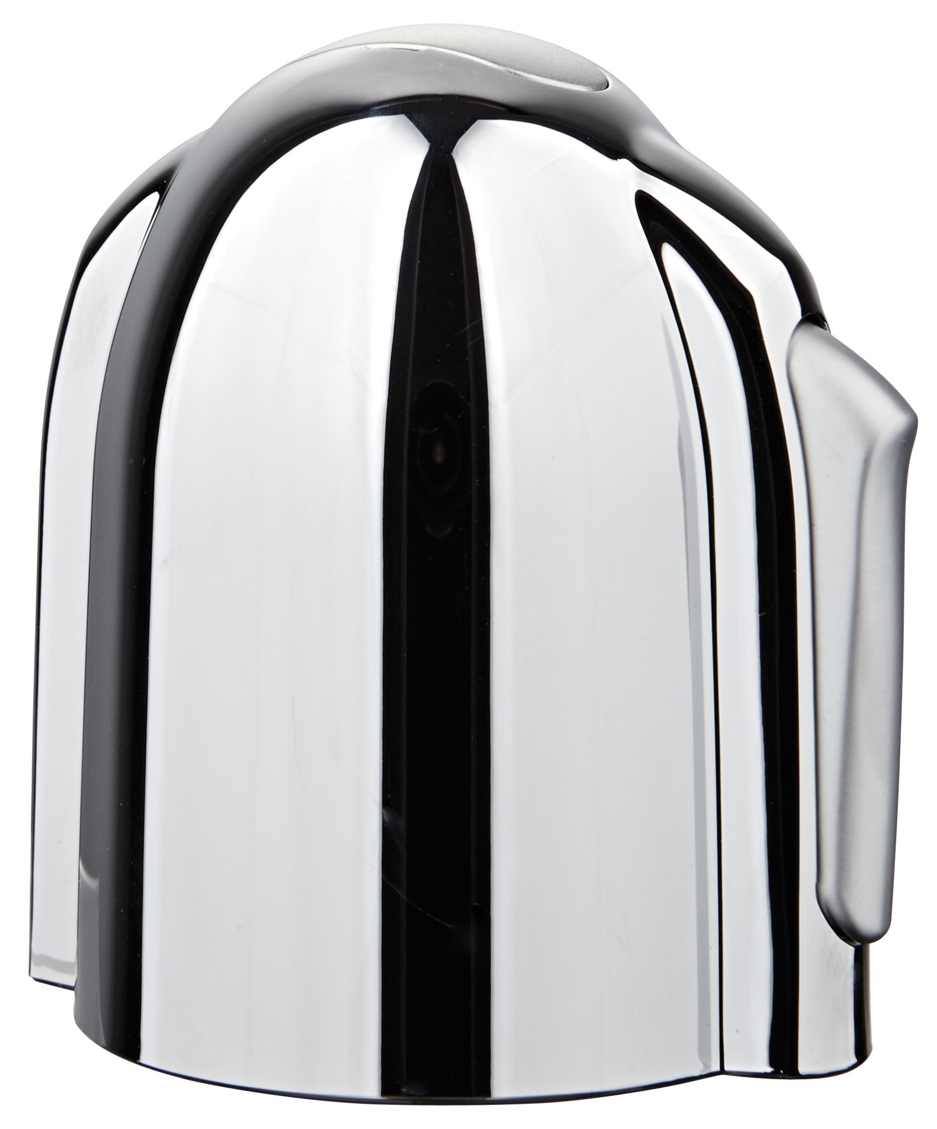 Curved chrome and matte chrome faucet handle with ergonomic grip design and dual finish coloring.