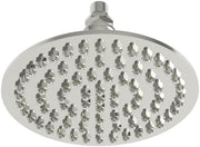 Polished nickel single function shower head with large oval face and multiple spray nozzles mounted on adjustable arm.