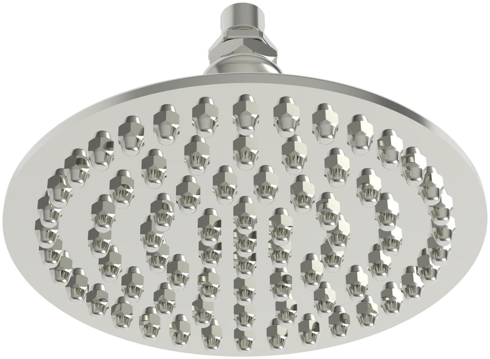 Polished nickel single function shower head with large oval face and multiple spray nozzles mounted on adjustable arm.