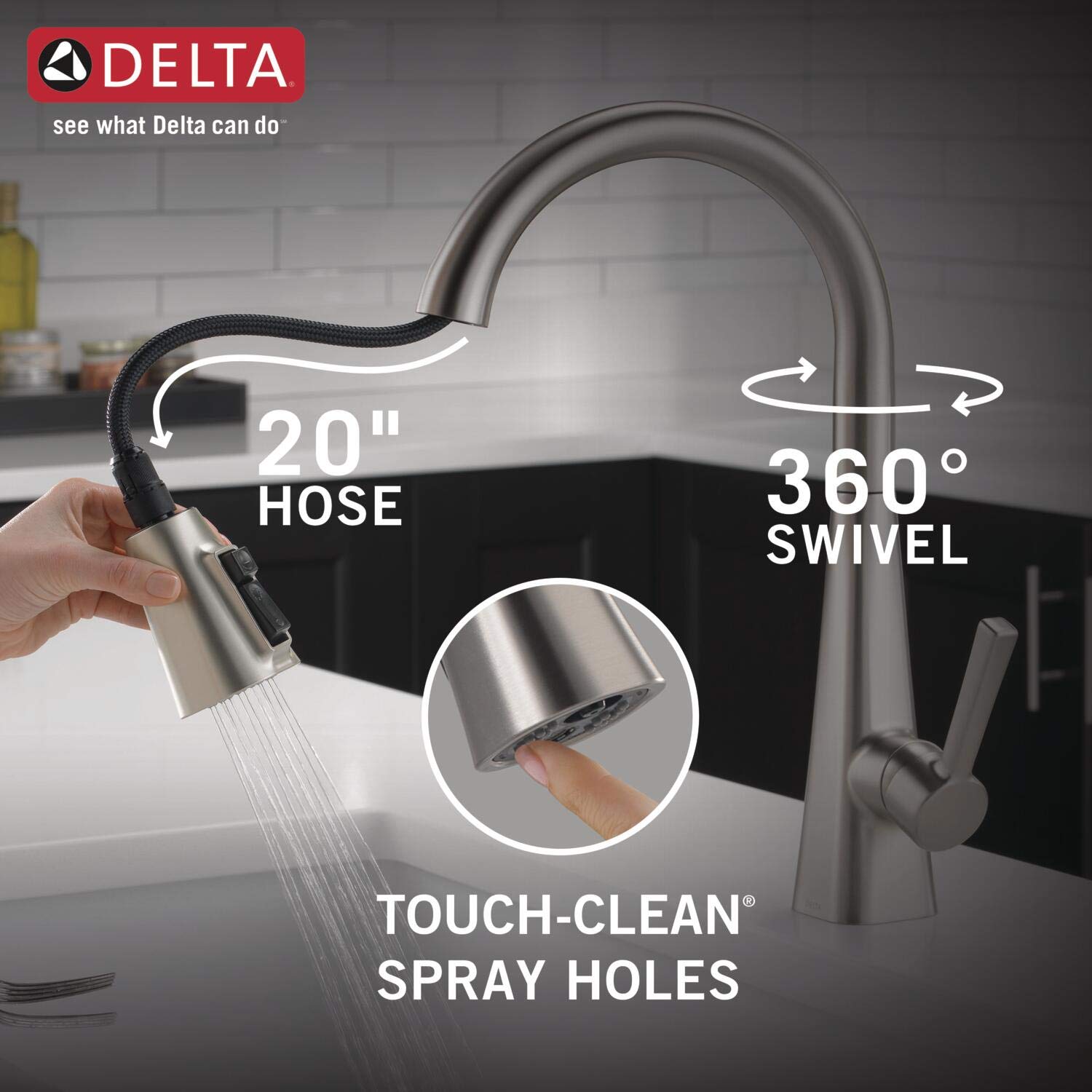 Stainless steel pull-down kitchen faucet with 20" hose, 360° swivel spout, and single handle lever.