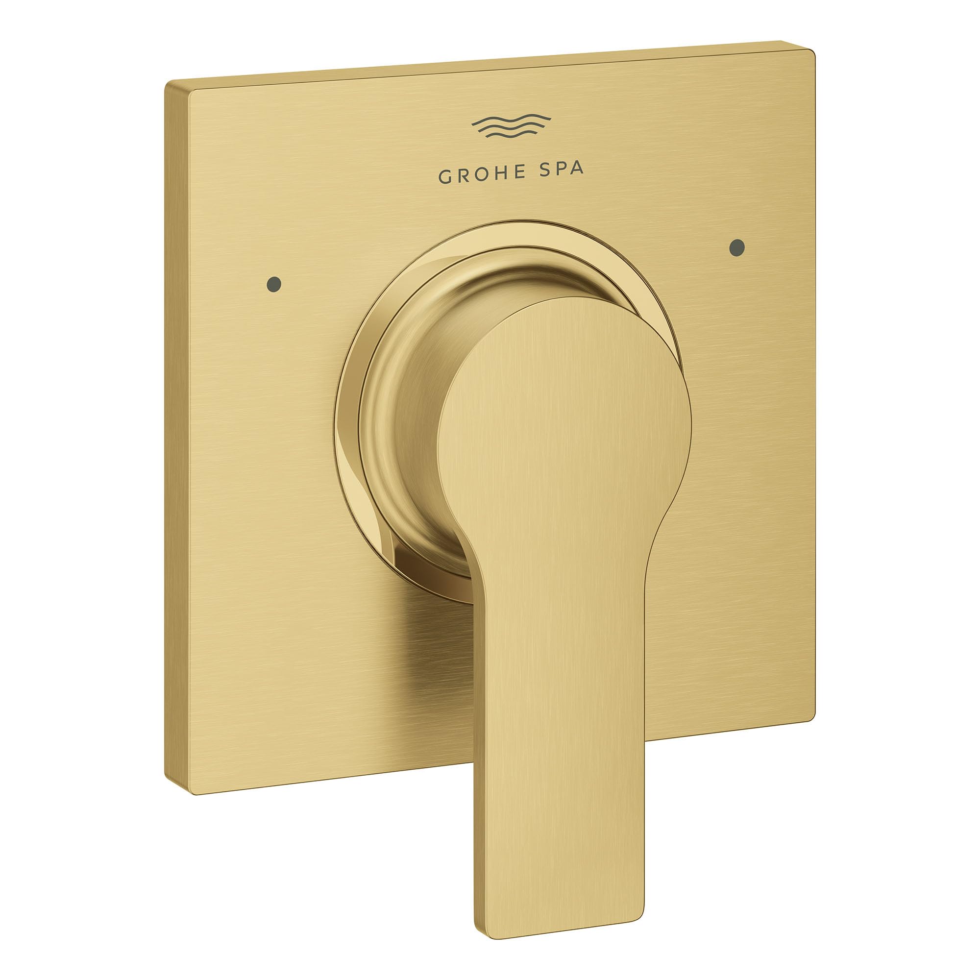 Grohe Allure brushed gold 3-way diverter valve trim with round handle and spa logo on square escutcheon plate.