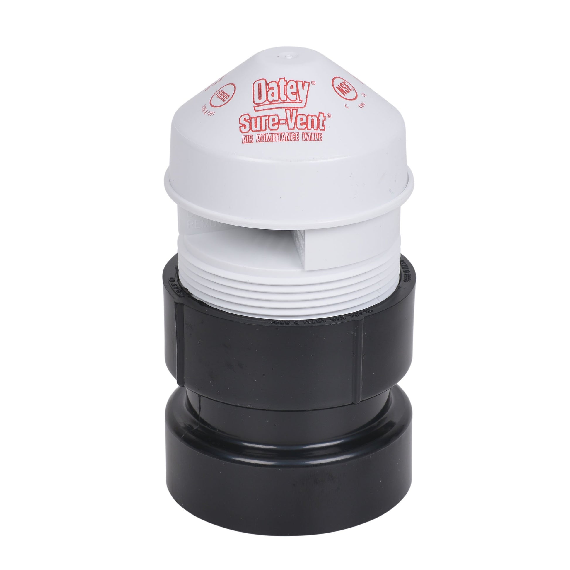 Oatey Sure-Vent air admittance valve with white cap and black ABS adapter base.