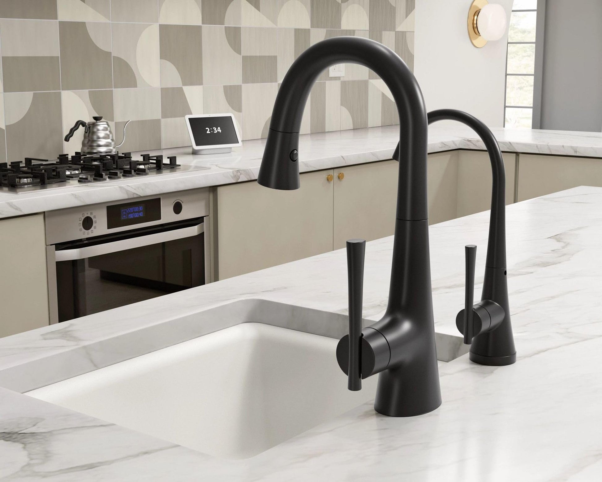 Matte black pulldown kitchen faucet with curved spout and single handle mounted on white marble countertop.