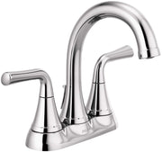 Chrome two-handle centerset bathroom faucet with curved spout and lever handles.