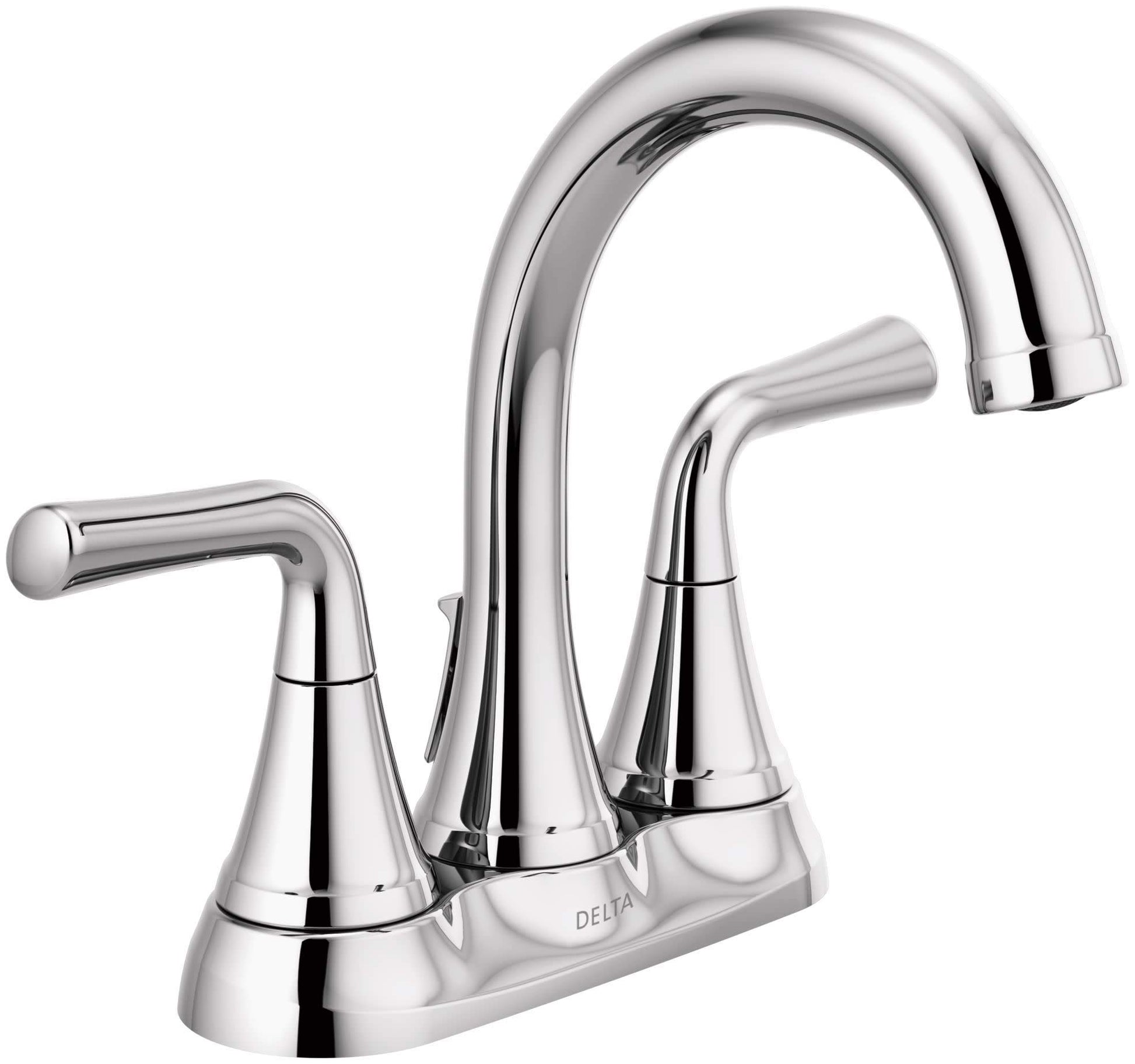 Chrome two-handle centerset bathroom faucet with curved spout and lever handles.