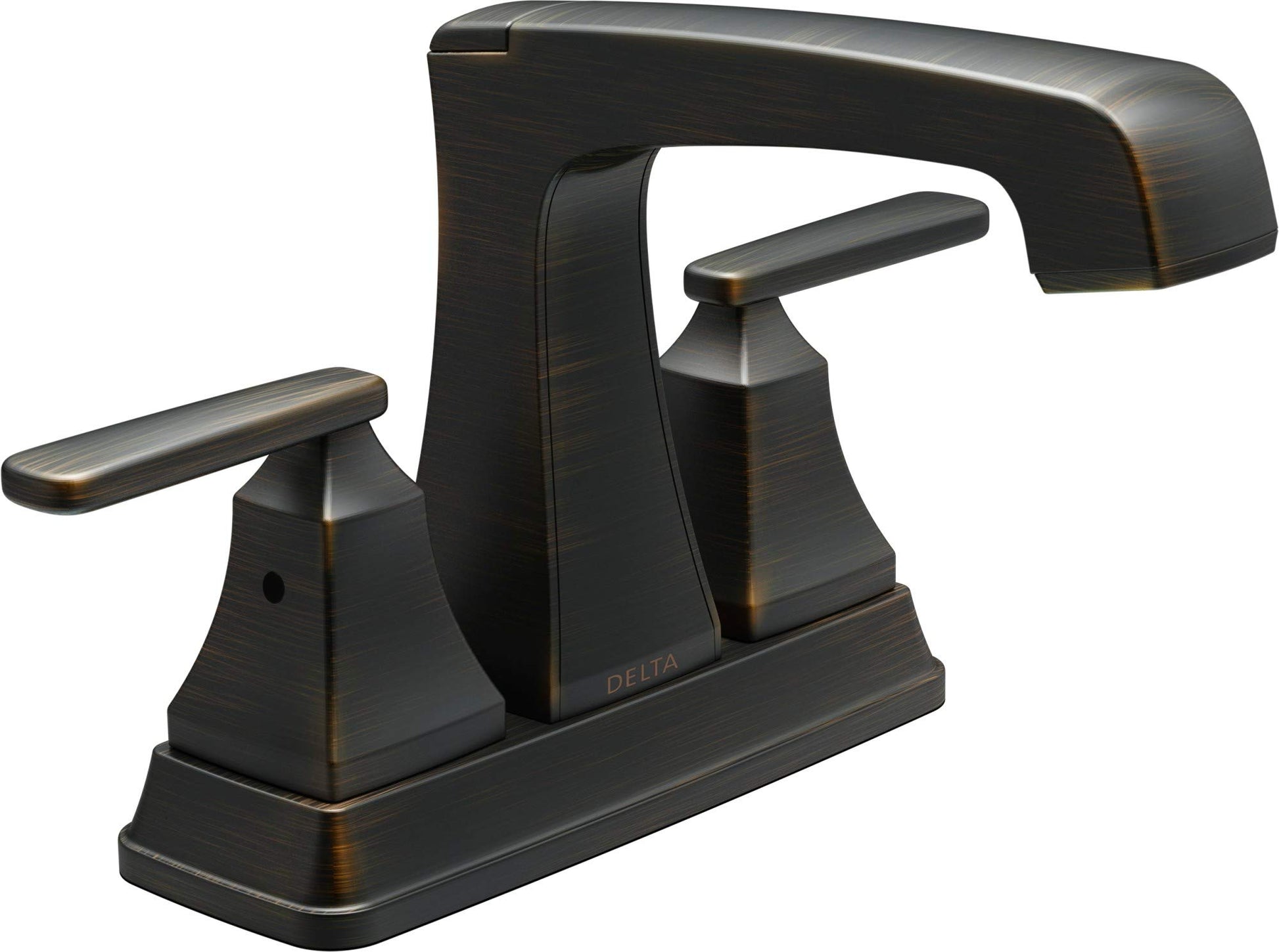 Oil-rubbed bronze bathroom faucet with two handles, curved spout, and squared base.
