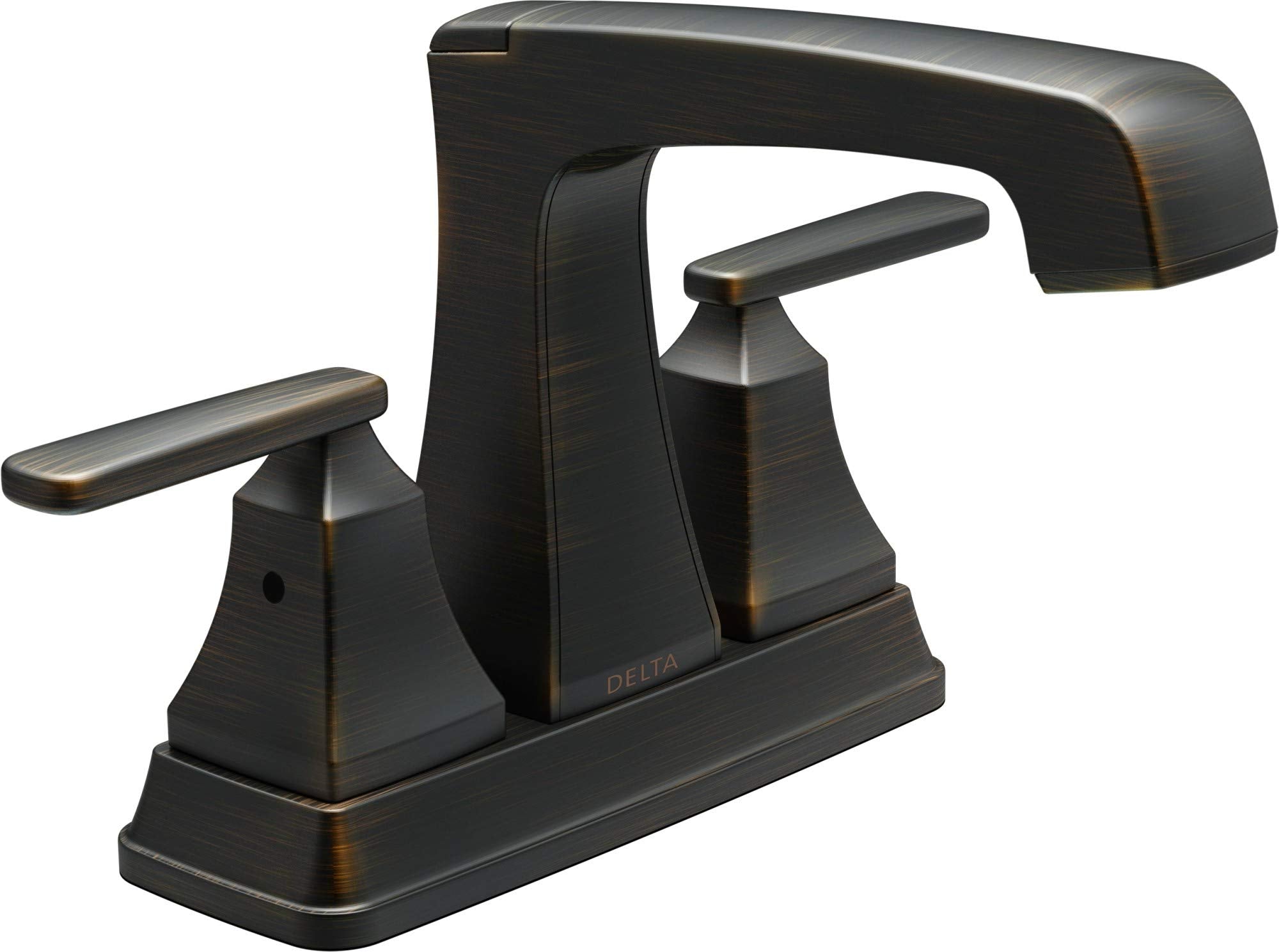 Oil-rubbed bronze bathroom faucet with two handles, curved spout, and squared base.
