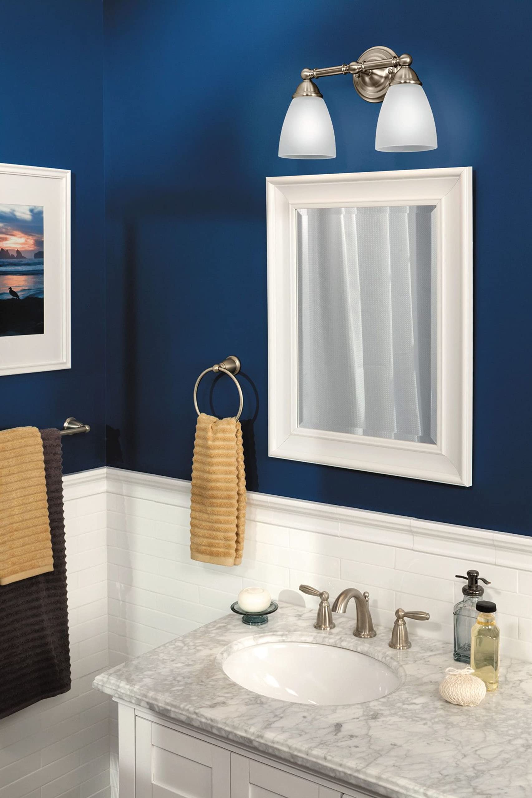 Brushed nickel wall-mounted towel bar with ring design, displayed on blue bathroom wall above sink counter.