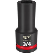 Black Milwaukee 3/4" drive deep socket with 6-point hexagonal opening and red grip ring around base.