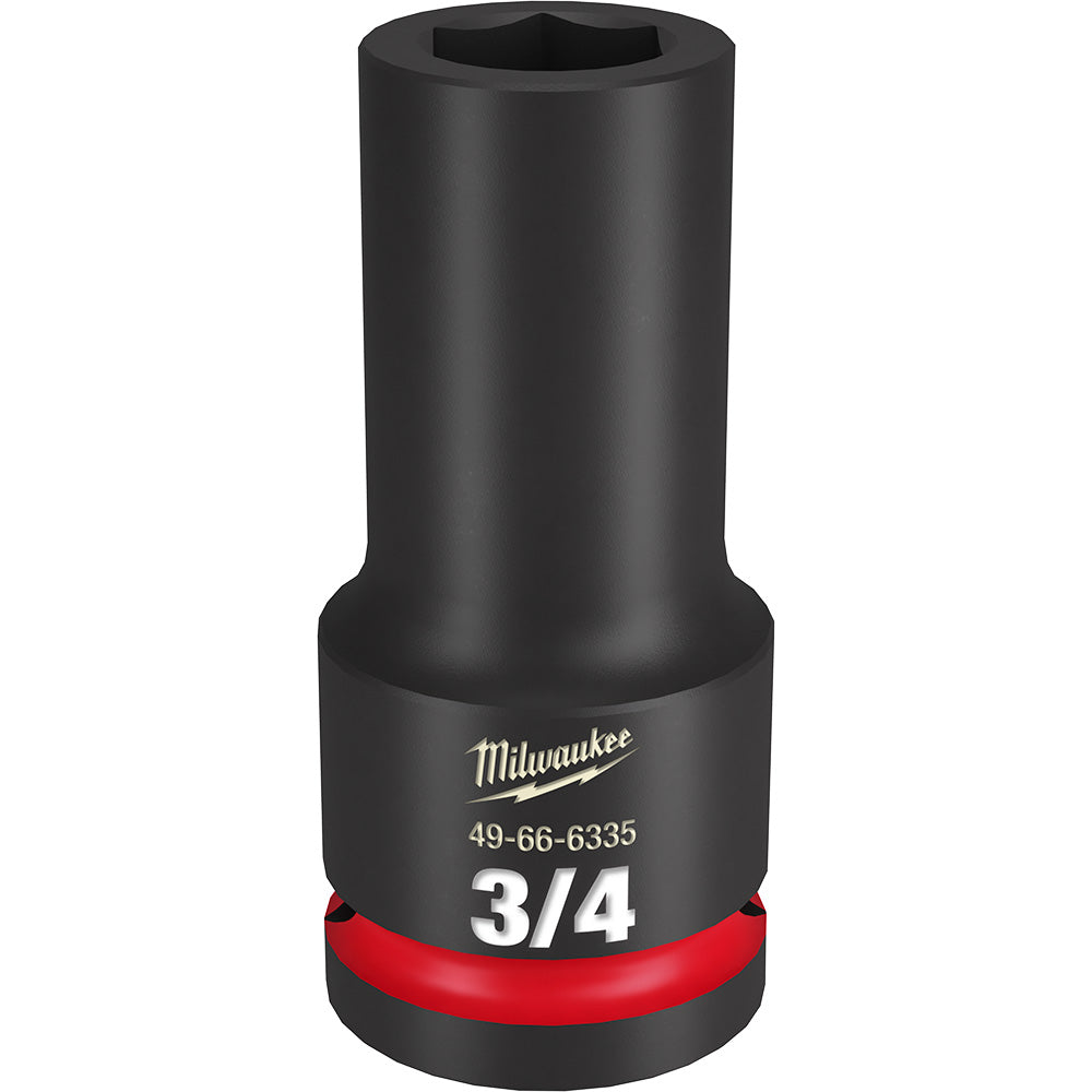 Black Milwaukee 3/4" drive deep socket with 6-point hexagonal opening and red grip ring around base.