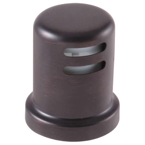Cylindrical bronze kitchen air gap with domed top and two horizontal outlet slots on the body.
