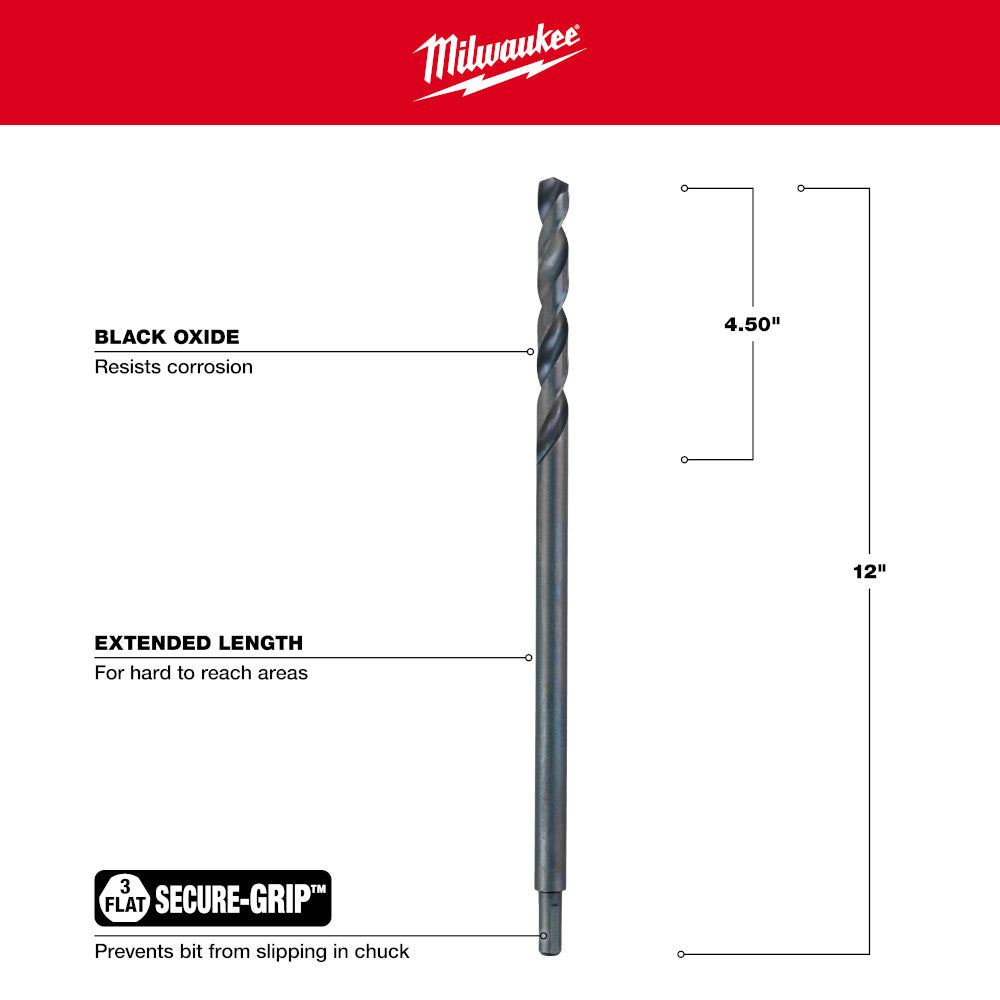 Black oxide aircraft length drill bit with 1/2 inch diameter and 12 inch total length, featuring extended flutes and secure-g