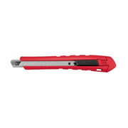Red and black Milwaukee snap-off utility knife with segmented metal blade and thumb slider.