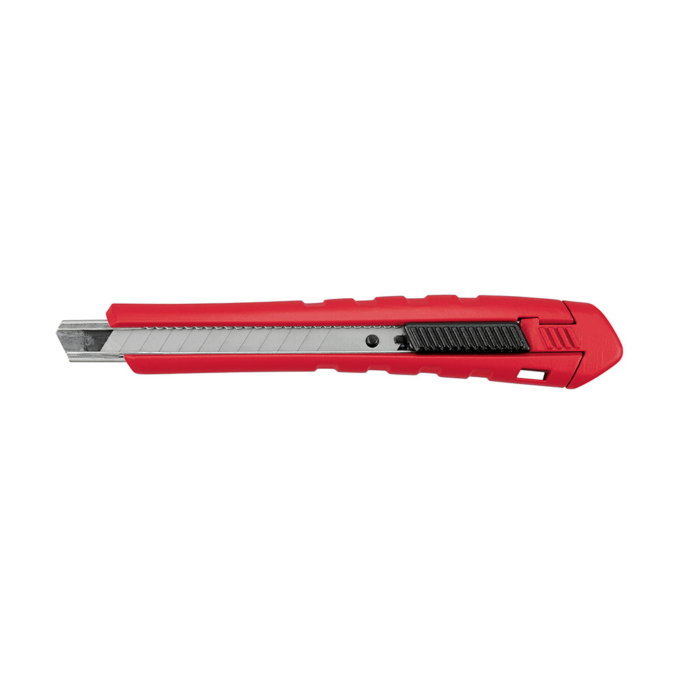 Red and black Milwaukee snap-off utility knife with segmented metal blade and thumb slider.