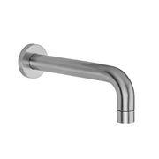 Satin brass tub spout with curved tubular design and round wall-mounted flange.
