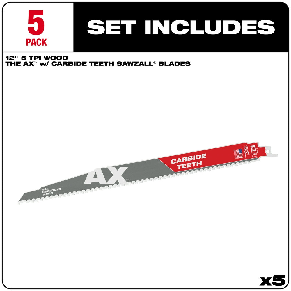 Five 12-inch SAWZALL blades with carbide teeth and 5 TPI rating, featuring "The Ax" design with red and black coloring.