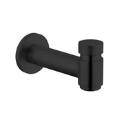 Matte black tub spout with cylindrical body, circular wall flange, and diverter lever on right side.