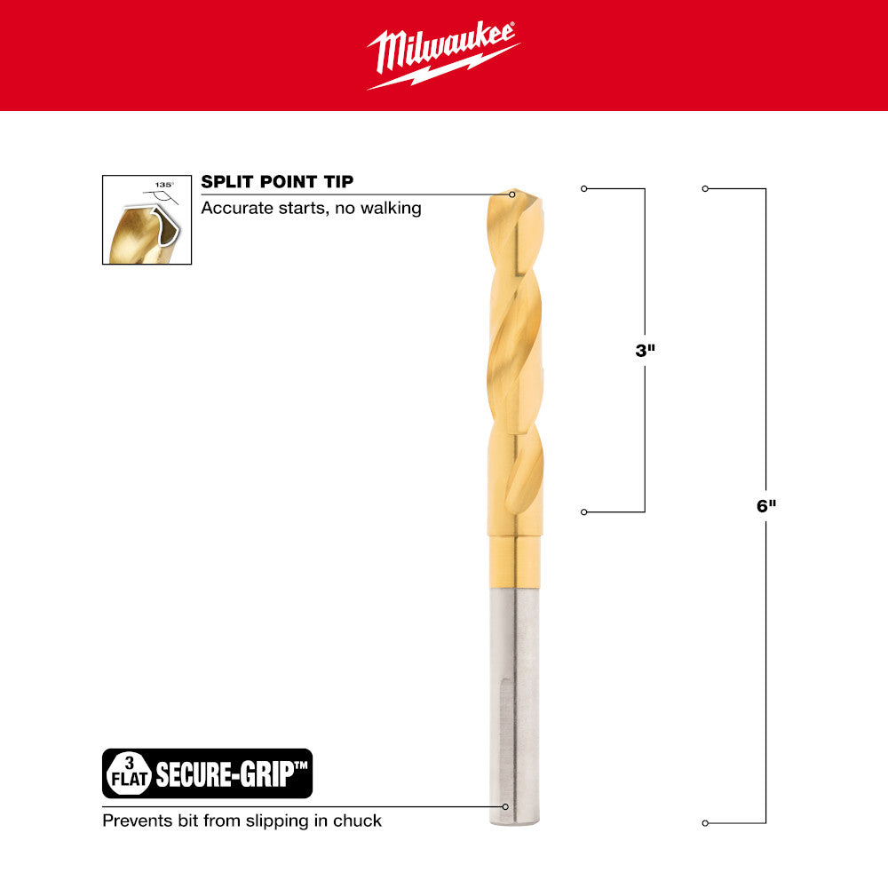 3/4 inch titanium drill bit with split point tip and flat secure-grip shank, 6 inches total length.