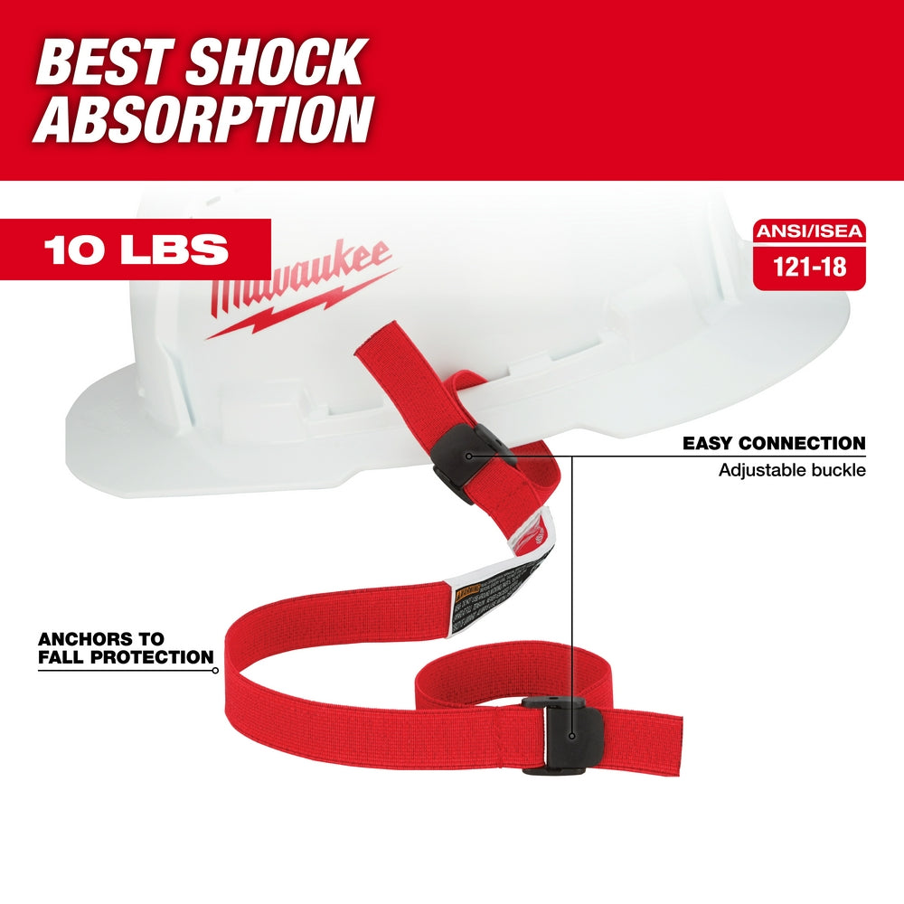 Red and black hard hat lanyard with adjustable buckle and loop attachment points for fall protection.