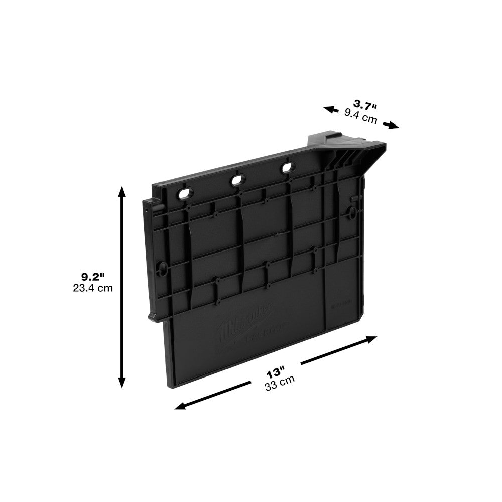 Black plastic divider with multiple compartments and mounting holes for PACKOUT crate organization.