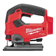 Red and black Milwaukee M18 FUEL jig saw with D-handle grip and gray base plate.