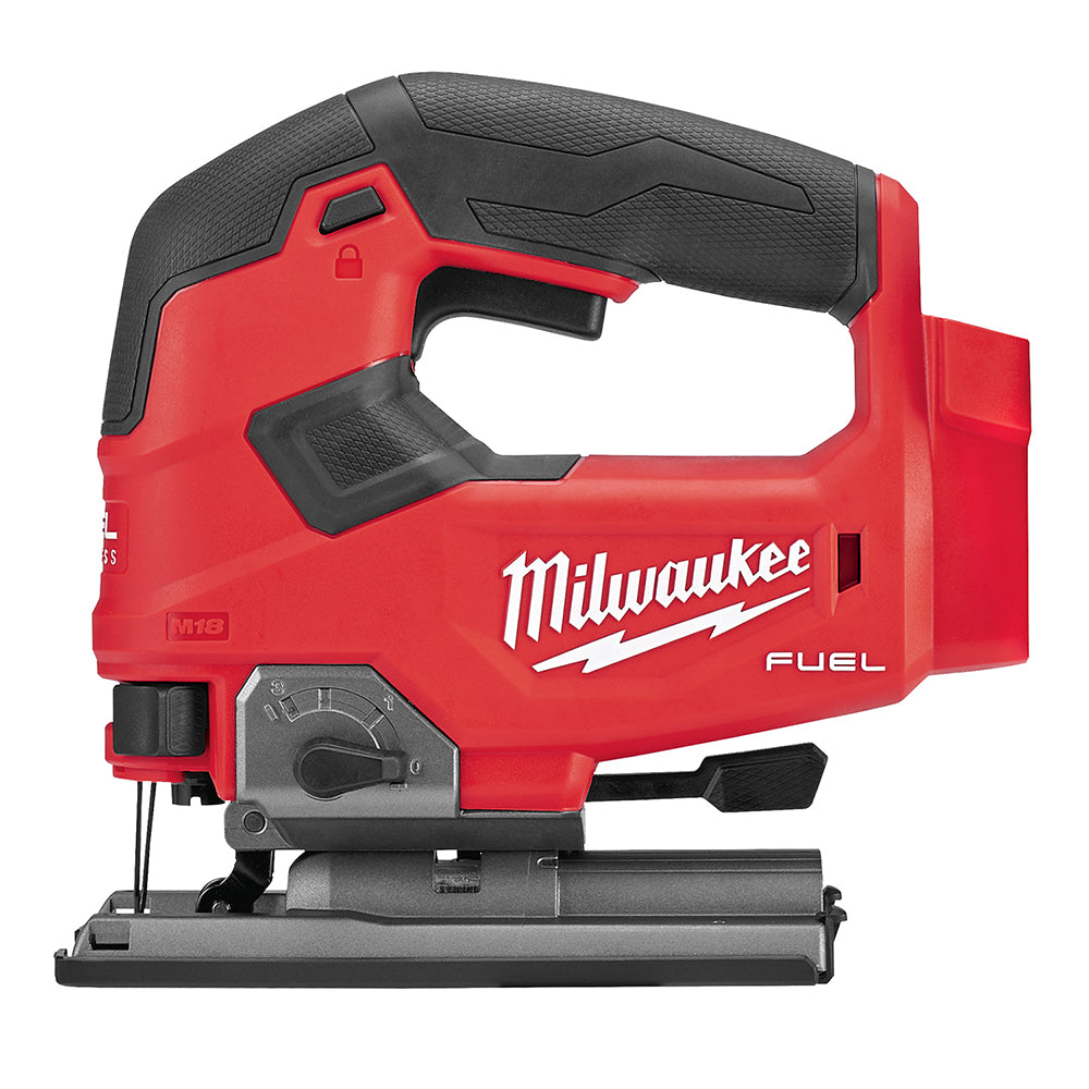 Red and black Milwaukee M18 FUEL jig saw with D-handle grip and gray base plate.