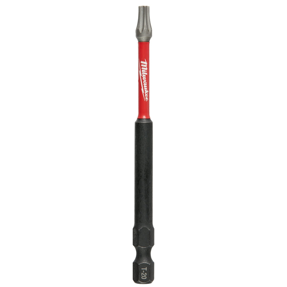 Milwaukee Shockwave T20 impact driver bit with red shaft, black grip, and gray tip on white background.