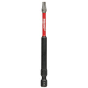 Milwaukee Shockwave T20 impact driver bit with red shaft, black grip, and gray tip on white background.