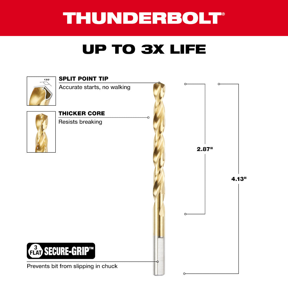 Titanium-coated twist drill bit with split point tip, thick core, and flat secure-grip shank, 4.13 inches long.