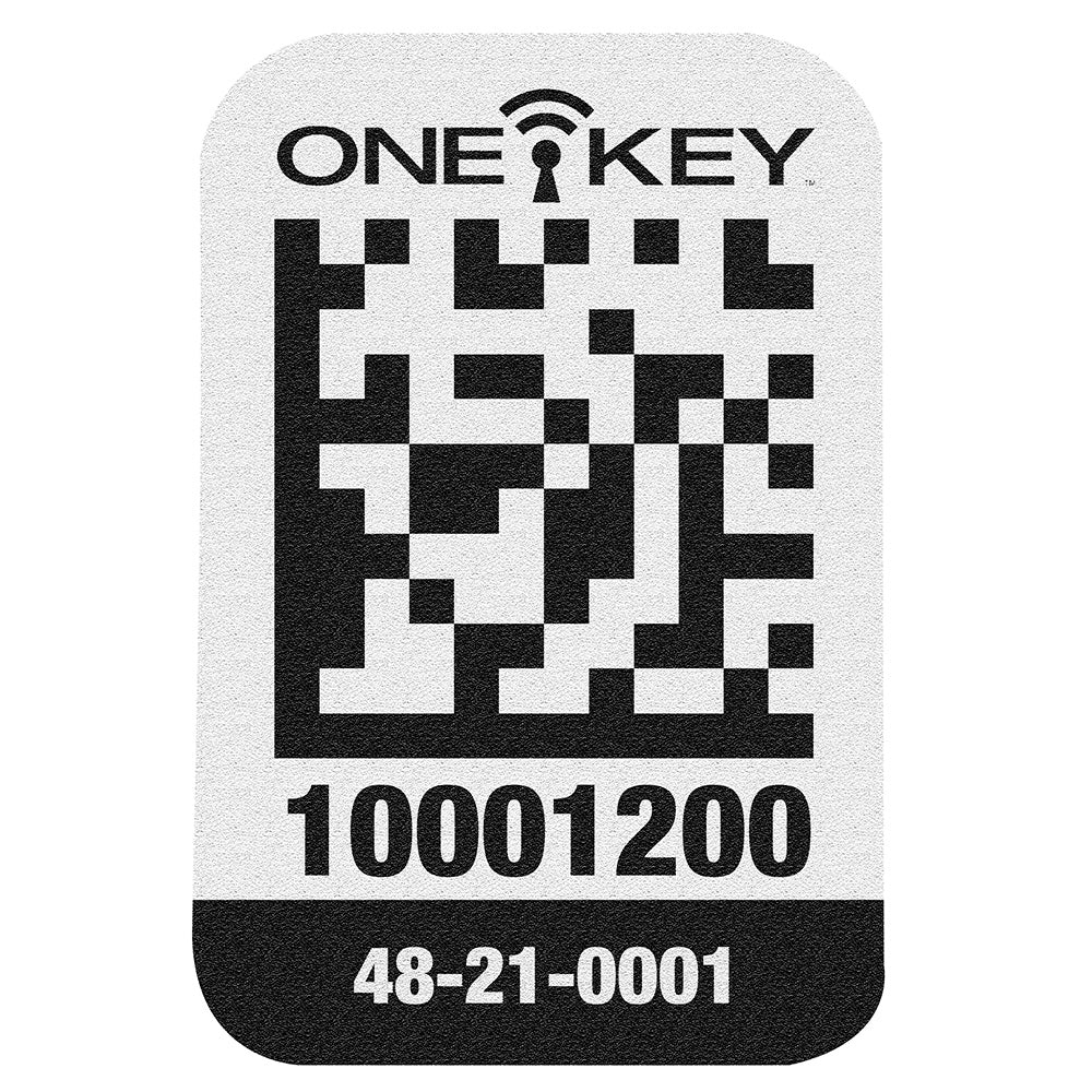 Small white plastic asset ID tag with ONE-KEY logo, QR code, serial number 10001200, and model number 48-21-0001.