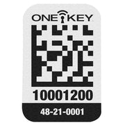 Small white plastic asset ID tag with ONE-KEY logo, QR code, serial number 10001200, and model number 48-21-0001.