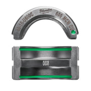 Milwaukee 600 MCM copper U-style die with green indicator dot, shown in curved top and rectangular bottom views.