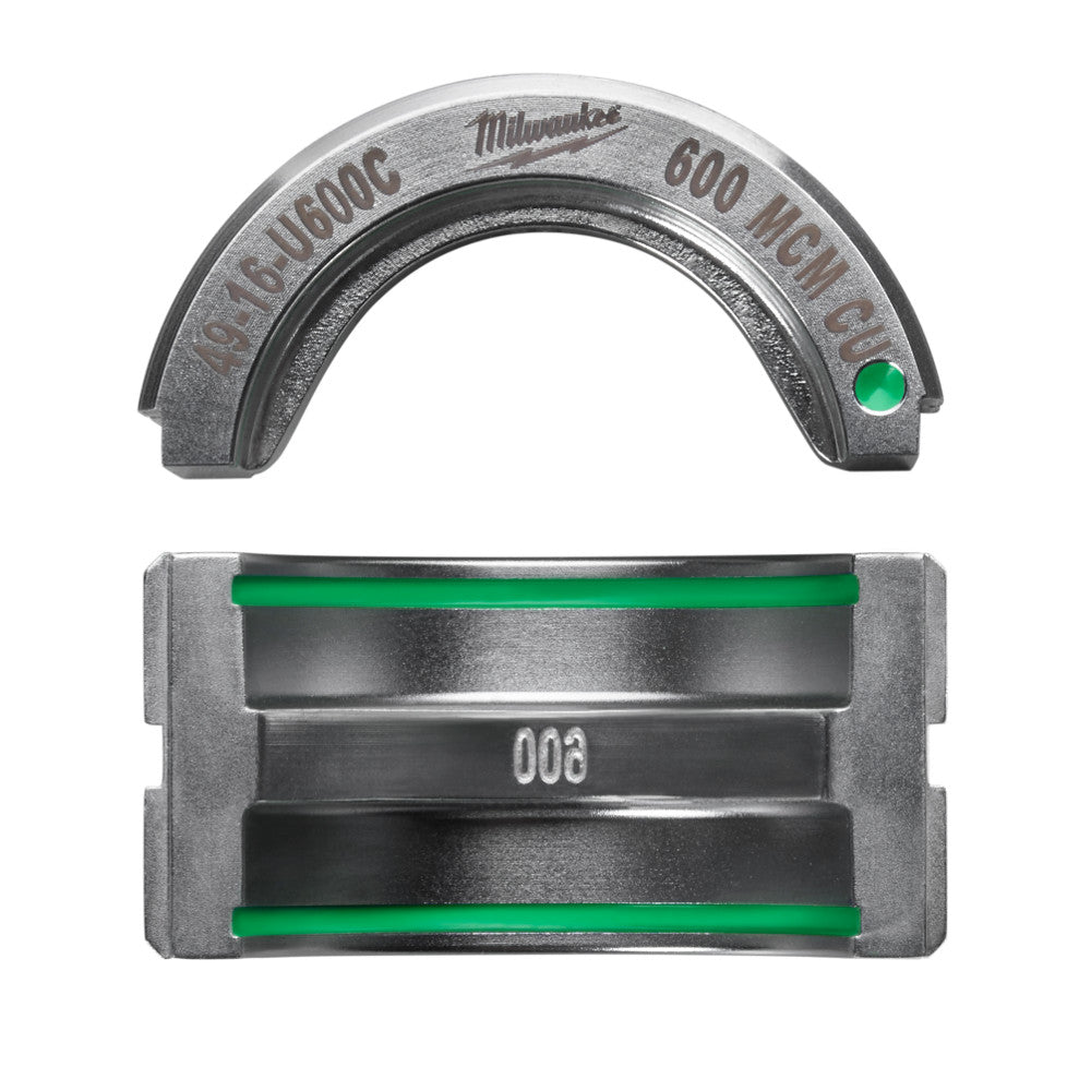 Milwaukee 600 MCM copper U-style die with green indicator dot, shown in curved top and rectangular bottom views.