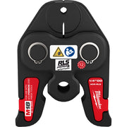 Black and red press jaw attachment with two circular openings and RLS branding for Milwaukee M18 FORCE LOGIC press tool.