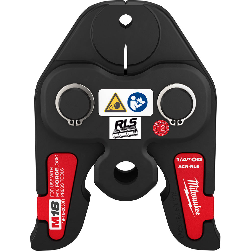 Black and red press jaw attachment with two circular openings and RLS branding for Milwaukee M18 FORCE LOGIC press tool.