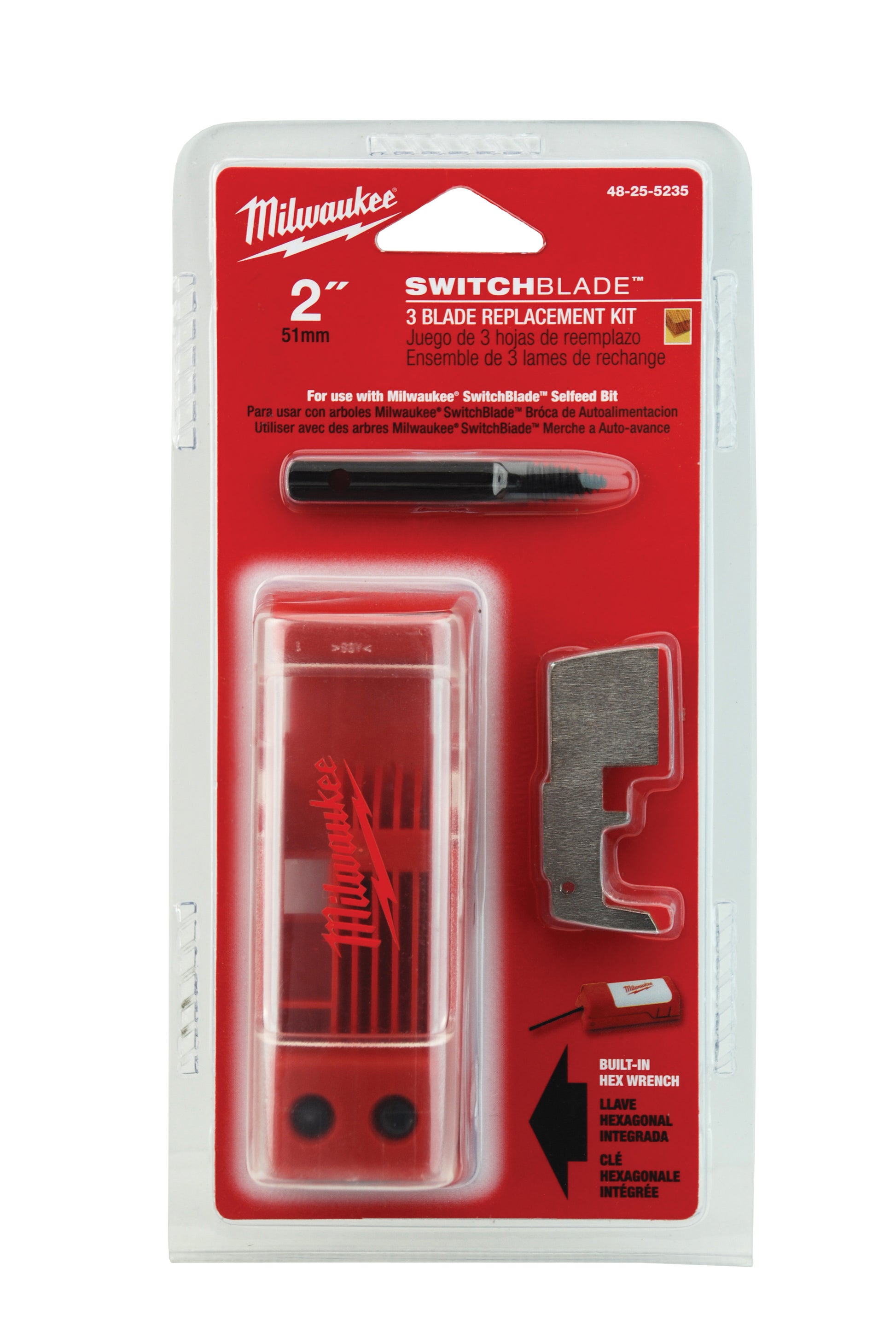 Milwaukee 2-inch SwitchBlade 3-blade replacement kit with holder, metal blade, and hex wrench in clear plastic packaging.