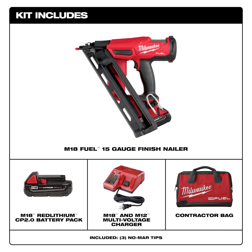 Milwaukee M18 FUEL 15 gauge finish nailer with red and black body, battery pack, dual charger, and contractor bag.