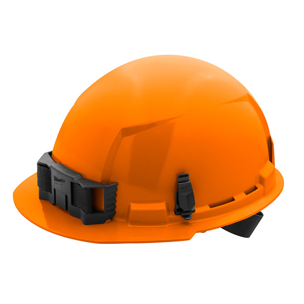 Orange hard hat with front brim and black ratcheting suspension system visible on sides.