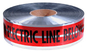 Roll of red and white detectable tape with black "ELECTRIC LINE BELOW" text printed across the width.