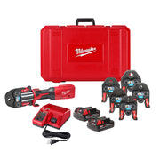Milwaukee M18 FORCE LOGIC press tool kit with red carrying case, press tool, interchangeable jaws, charger, and two batteries
