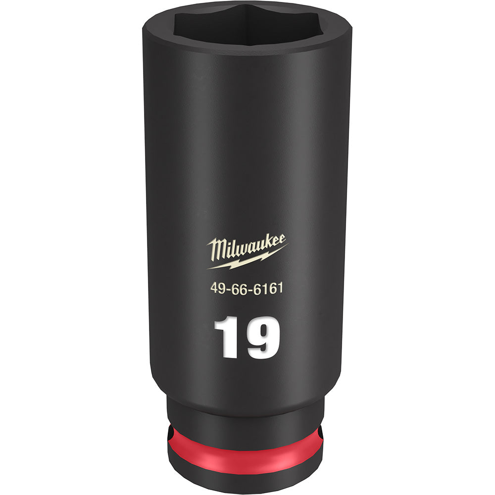 Black 19MM deep socket with hexagonal opening and red grip band at base, Milwaukee branding visible.