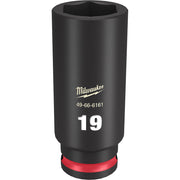 Black 19MM deep socket with hexagonal opening and red grip band at base, Milwaukee branding visible.