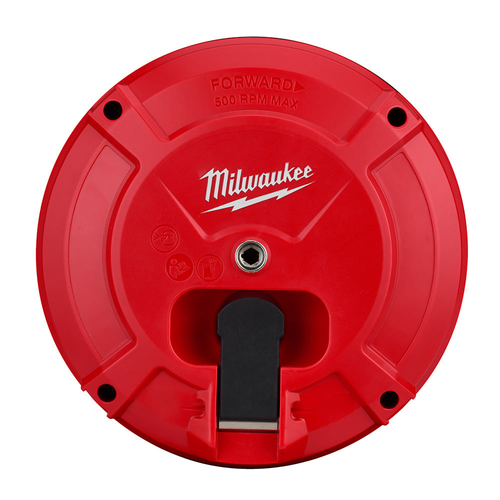 Red Milwaukee TRAPSNAKE auger drum with black handle attachment and forward rotation markings.