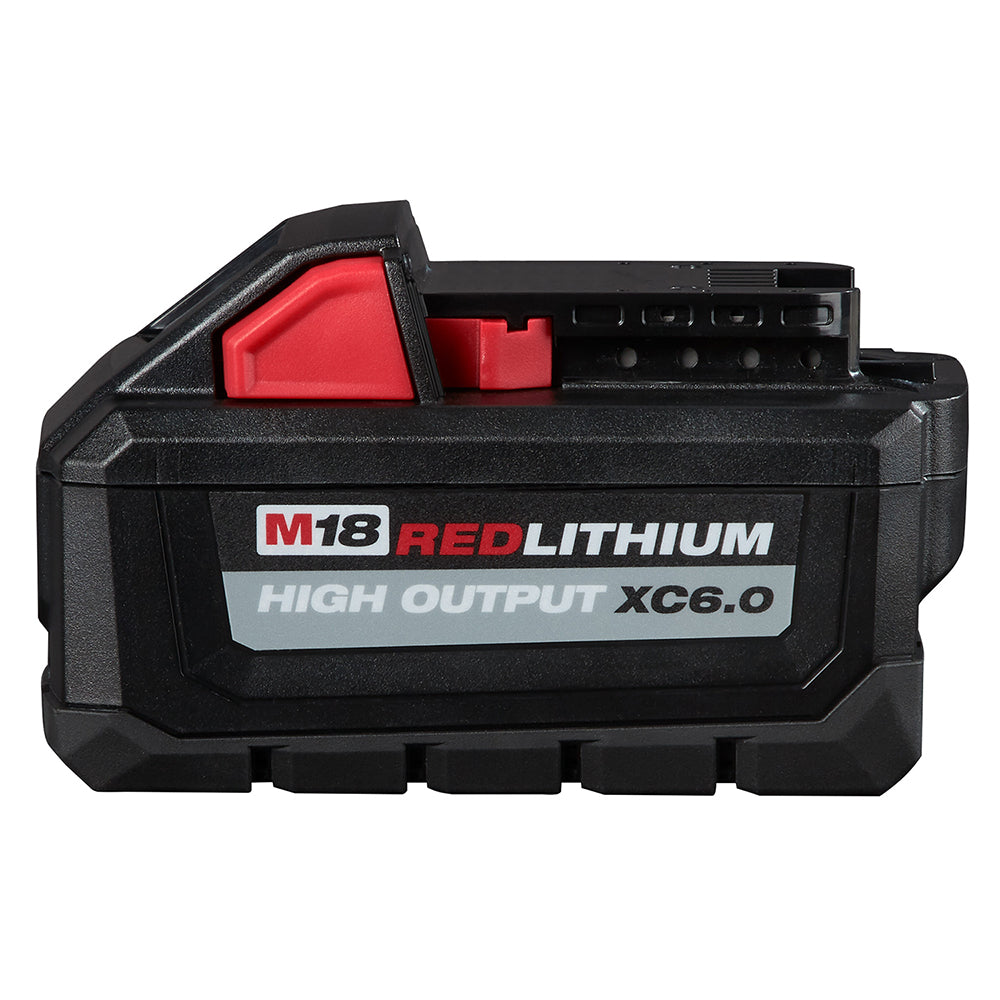 Black and red M18 REDLITHIUM HIGH OUTPUT XC6.0 battery pack with red release lever on top.