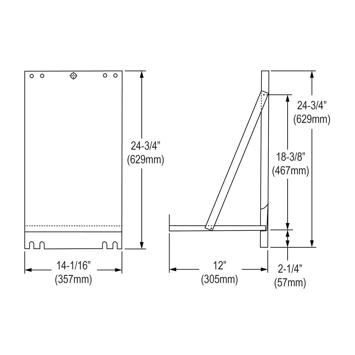 Technical drawing showing front and side views of a wall-mounted shelf with mounting holes and dimensions in inches and milli