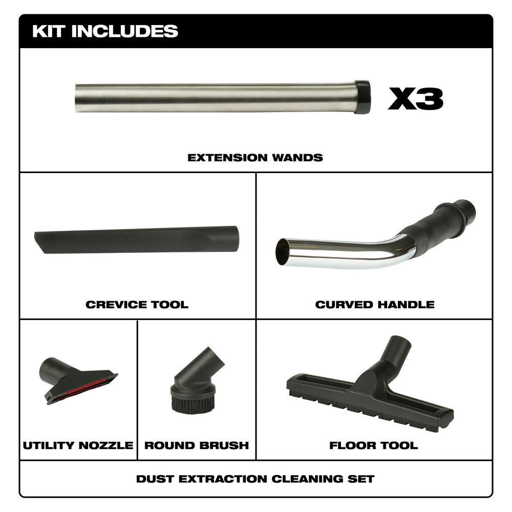 Milwaukee dust extraction cleaning set includes three metal extension wands, crevice tool, curved handle, utility nozzle, rou