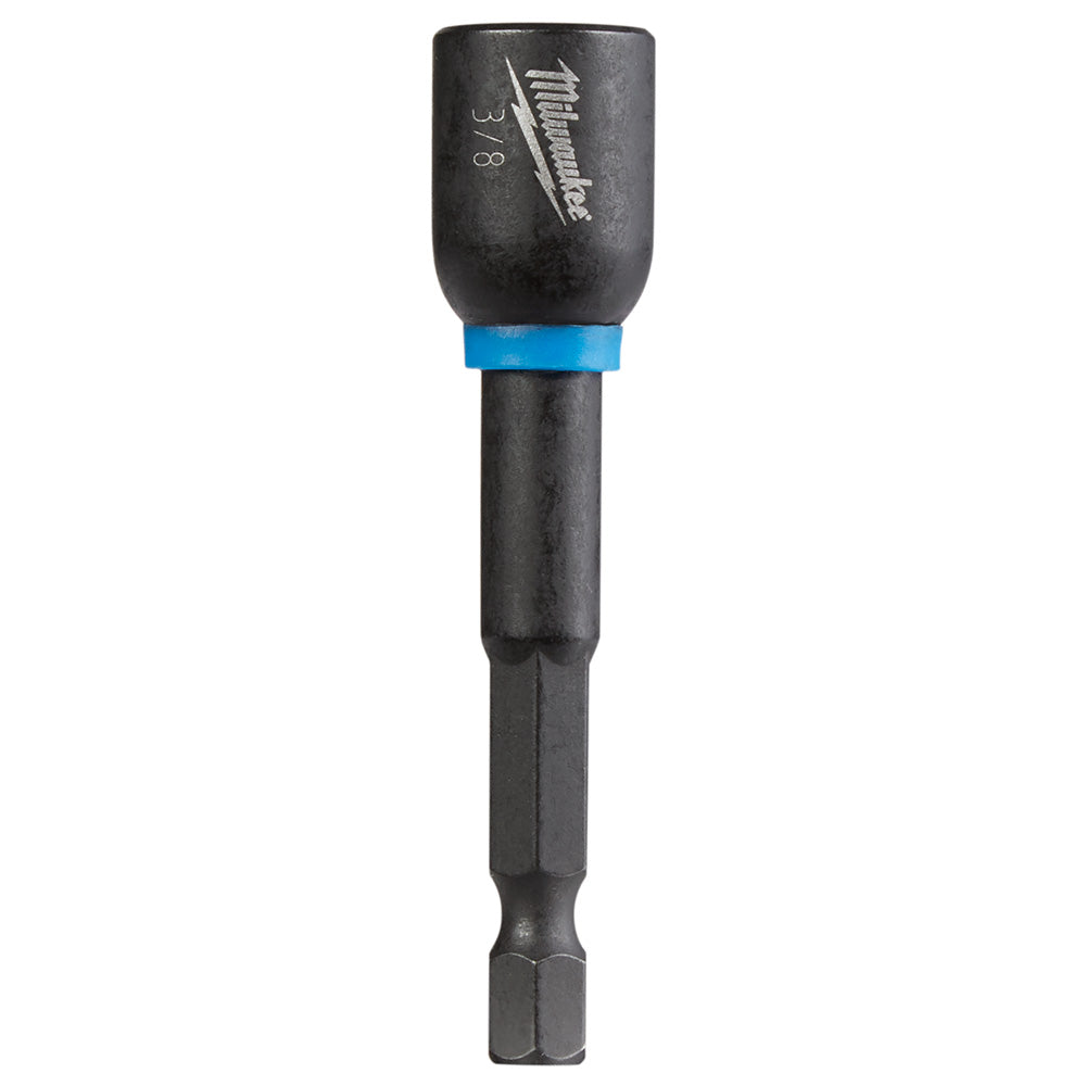 Milwaukee Shockwave magnetic nut driver with black shaft, blue collar band, and hexagonal tip for 3/8 in. drive.