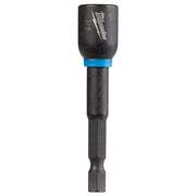 Milwaukee Shockwave magnetic nut driver with black shaft, blue collar band, and hexagonal tip for 3/8 in. drive.