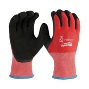Red and black winter work gloves with knit cuff and dipped palm grip, shown from front and back.