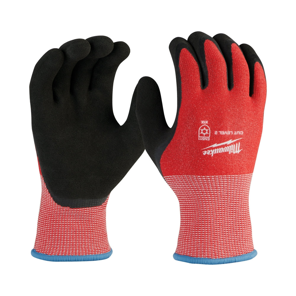 Red and black winter work gloves with knit cuff and dipped palm grip, shown from front and back.